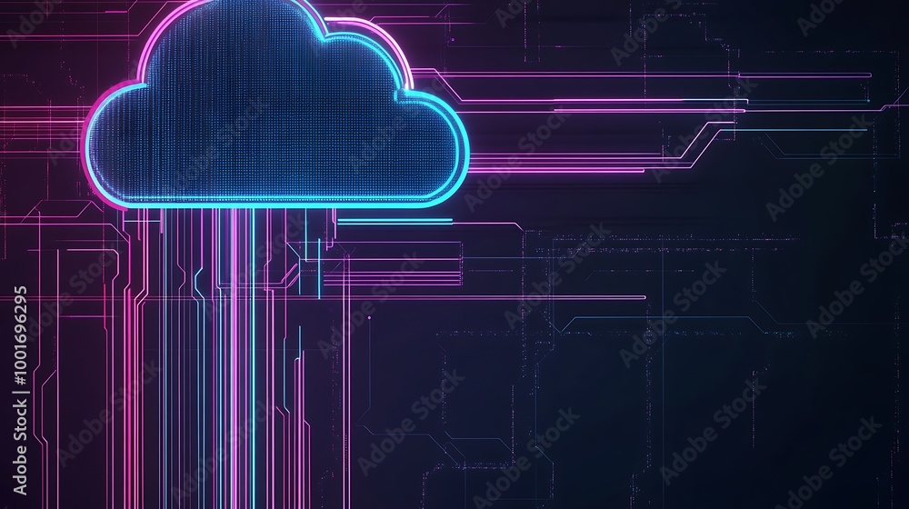 Poster Abstract cloud computing concept with neon lines.