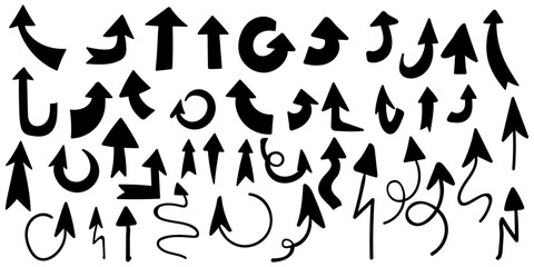 Arrows of all kinds. Set of black silhouettes of arrows, various arrow pointers.