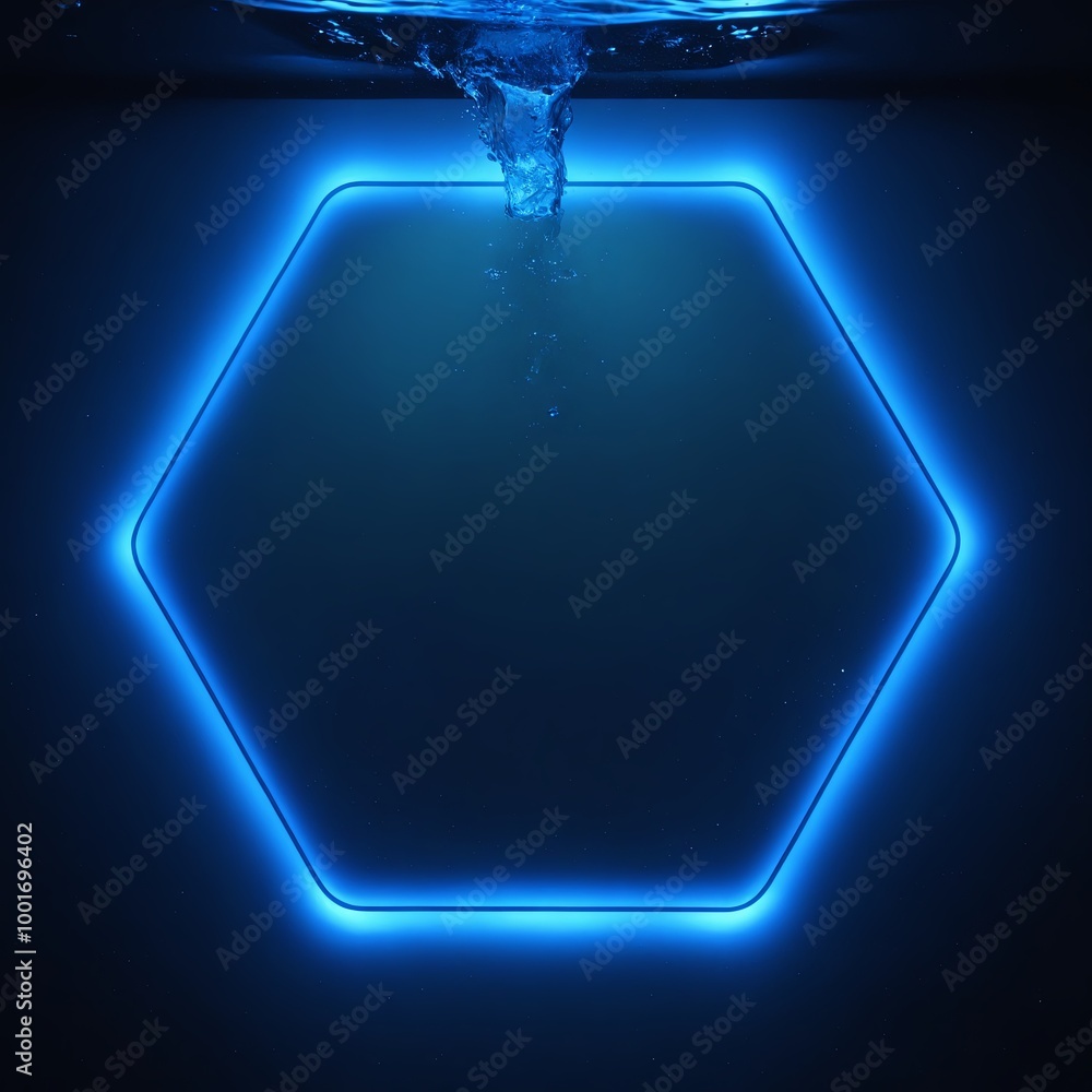 Poster glowing blue neon hexagon frame submerged in water, with fluid waves splashing out, blending futuris