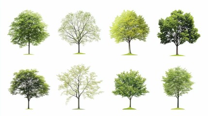 Fototapeta premium A collection of eight different types of trees, with varying shades of green foliage, isolated on a white background.