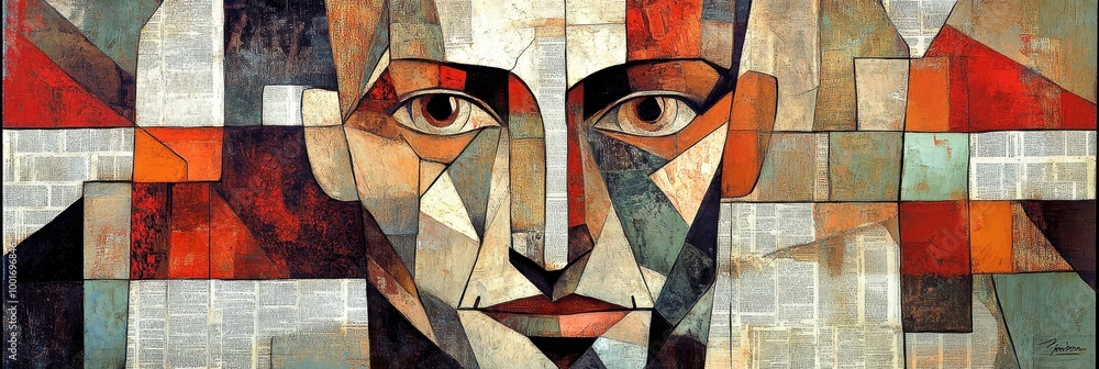 Poster abstract portrait of a person with geometric shapes and textured background in modern art style