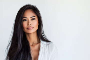 Beautiful Filipina asian woman mid 30s model with long black hair for skincare or hair care ad with space for copy or logo design