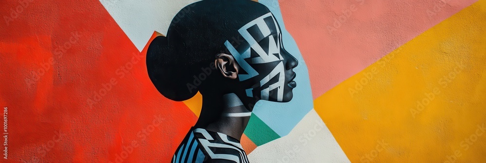 Aufkleber vibrant abstract portrait of a person with geometric patterns and bold colors on a textured backgrou