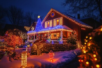 Fototapeta premium A beautifully decorated house glowing with colorful Christmas lights during a snowy evening in a festive neighborhood