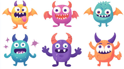 Obraz premium A set of cute monster icons perfect for Halloween! They have funny faces with big eyes, horns, teeth, and tongues. They're colorful and have different poses, like hands up or down.