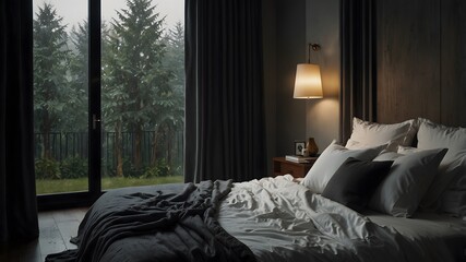 Cozy Bedroom with Warm Light and Rain Outside Photo