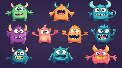 Fototapeta premium A set of cute monster icons perfect for Halloween! They have funny faces with big eyes, horns, teeth, and tongues. They're colorful and have different poses, like hands up or down.