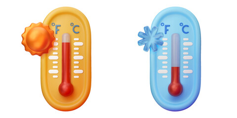 3D thermometers icons with sun and snowflake. Climate and forecast concept elements isolated on white background. Cold, snowy and heat. Vector illustration