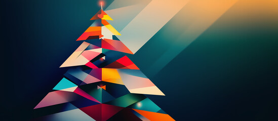 Minimalist Christmas tree with geometric shapes in warm red, black and teal tones, on abstract waves and a simple textured green background, evoking the warmth of Christmas.