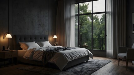 Cozy Bedroom with Warm Light and Rain Outside Photo