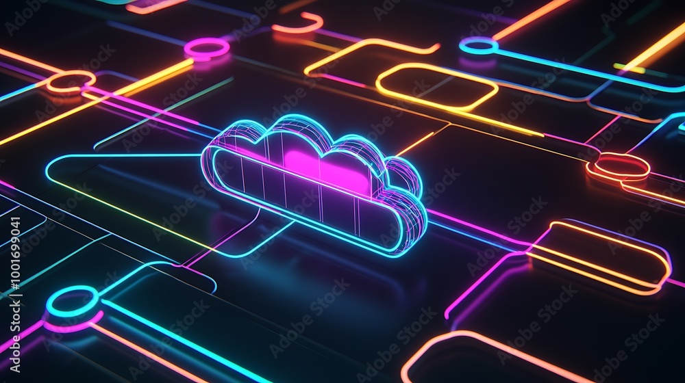Poster Neon cloud computing symbol on a circuit board background.