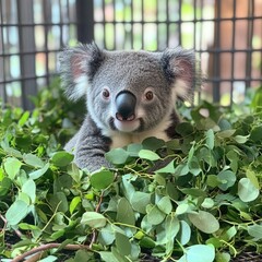 Curious koala nestled among fresh eucalyptus leaves at a wildlife sanctuary in Australia
