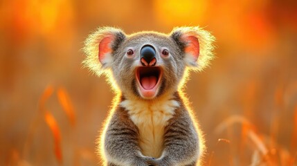Fototapeta premium A joyful koala with a bright expression in a sunlit Australian landscape during golden hour