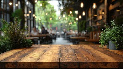 Empty wooden table in modern restaurant interior with people