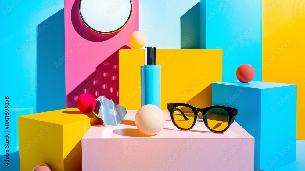 Aufkleber colorful geometric shapes and objects in a modern design setup