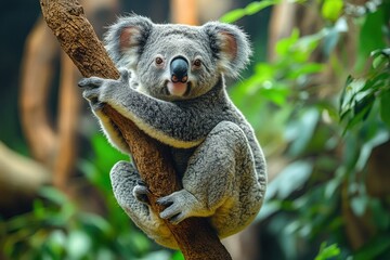 Obraz premium A playful koala clings to a tree branch in a lush green habitat during daylight hours