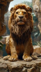 Obraz premium Majestic lion resting on a rocky outcrop in its natural habitat at the nature reserve