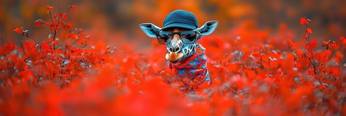 A playful giraffe with sunglasses and a hat stands among vibrant red flowers at sunset