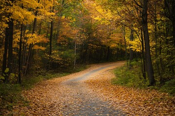 Obraz premium Autumn Road in the Forest, Colorful Foliage and Winding Path