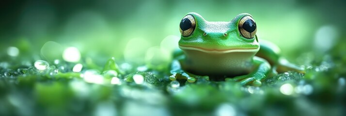 A green tree frog resting on lush foliage in a serene and vibrant forest setting