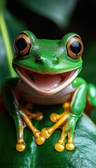 Bright green tree frog perched on a leaf, showcasing a joyful expression in natural habitat