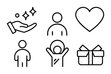 Set of line icons related to charity, donation, social responsibility, friendship, love, Editable stroke. Vector illustration