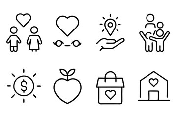 Set of line icons related to charity, donation, social responsibility, friendship, love, Editable stroke. Vector illustration