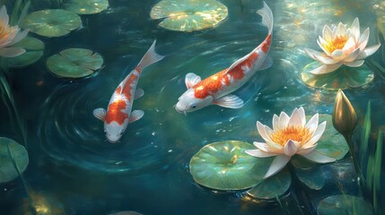 Tranquil Pond with Graceful Koi Fish Swimming