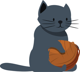 Cute grey cat sitting and holding a ball of yarn, isolated on a white background