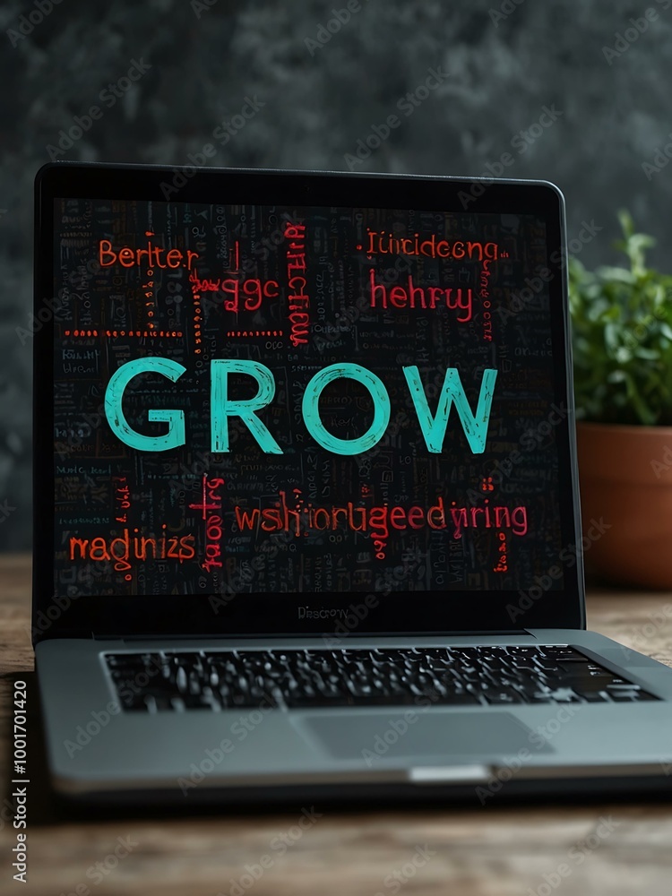 Poster laptop displaying 'grow' message in bold, digital text.