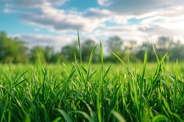 Obraz premium Close up of fresh green grass blades in a field under blue sky with white clouds.
