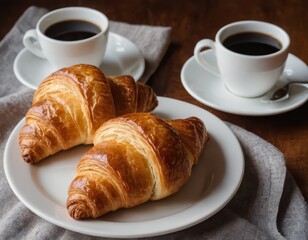Coffee and croissants on white plate, morning coffee concept