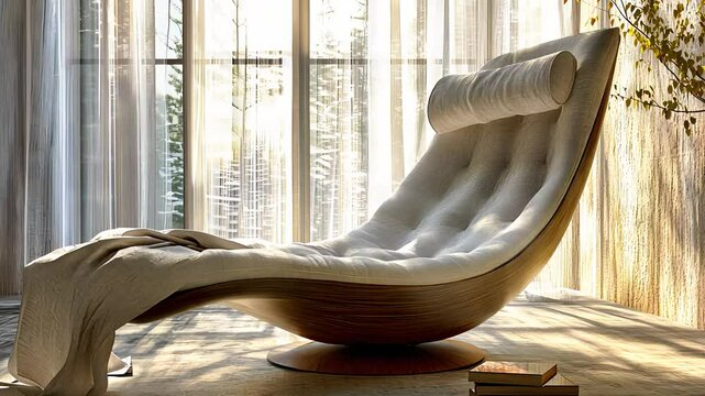 Modern lounge chair with soft cushions, natural light, minimalist interior design, and peaceful relaxation spac