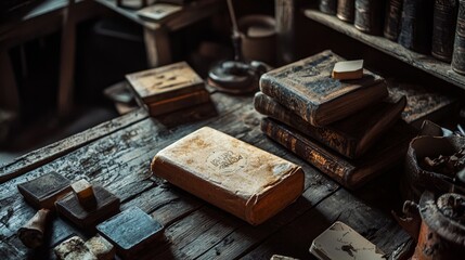 Vintage books and objects on an old wooden table