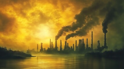 heavy industry factory with tonnes of chemical smoke contaminating the environement from their chimneys, carbon dioxid greenwashing