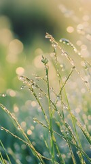 Fototapeta premium A close-up of dew-covered grass in the early morning light, showcasing the intricate details and natural beauty of nature