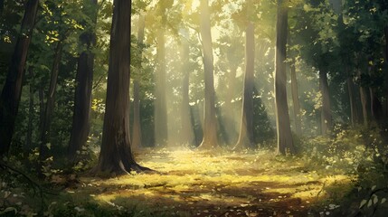 Obraz premium A serene forest scene with towering trees and dappled sunlight filtering through the leaves, creating a peaceful atmosphere