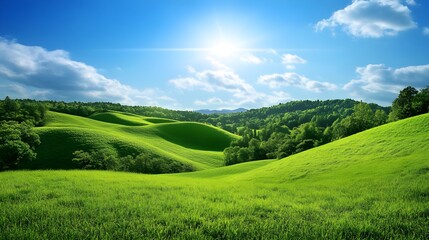 Obraz premium A serene landscape of lush green rolling hills under a clear blue sky, inviting tranquility and peace