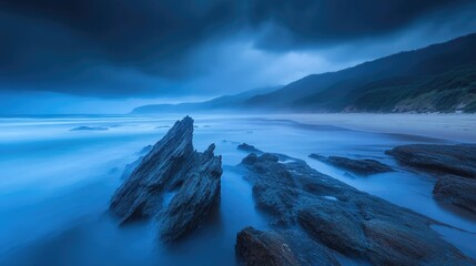 Fototapeta premium A dramatic seascape with a rocky outcrop in the foreground, the sea mist creates a sense of mystery, and the stormy sky adds to the sense of drama.