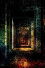 A matrix of endless doors. Choice and fate concept. An infinite space-time funnel. Matrix of fate. Natal astrology. Corridor of eclipses. Mysticism. Magical thinking