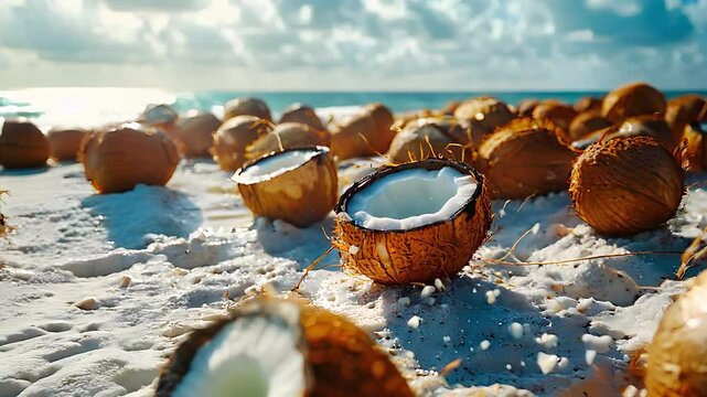 Fresh coconuts on a tropical beach, golden sand, clear blue sky, and serene ocean view under bright sunny weather