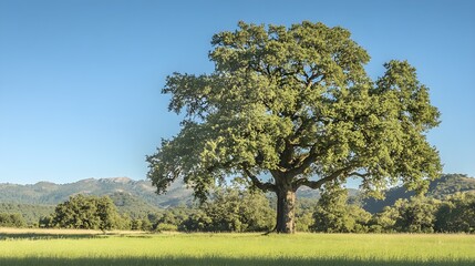 Fototapeta premium A majestic oak tree standing tall in a serene meadow, bathed in soft sunlight, with a clear blue sky in the background