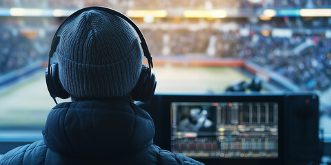 Man operating audio or video equipment at sporting event