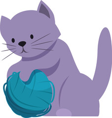 Purple cat playing with a ball of blue yarn, isolated on a white background