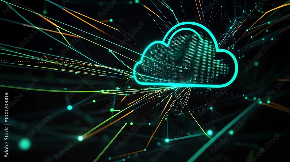 Poster A glowing blue cloud icon with a network of lines and dots surrounding it, representing data transfer and connectivity.