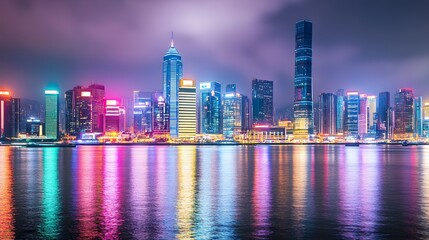 Naklejka premium A skyline of a vibrant night city with illuminated skyscrapers reflecting on the water, creating a serene atmosphere