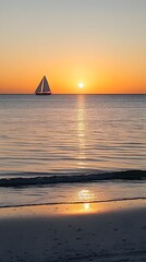 A serene beach scene with a lone sailboat on the horizon, the sun setting in the background casting an orange glow