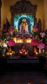 A beautifully arranged altar displaying traditional symbols of the novena de aguinaldos, with vibrant colors and soft lighting.