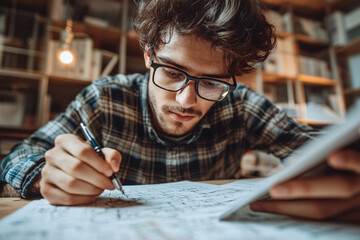 A young man with glasses studying in a library, holding a book and taking notes, capturing intense focus and academic dedication
