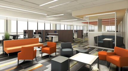 Open workspace featuring collaborative areas with colorful accents and comfortable seating